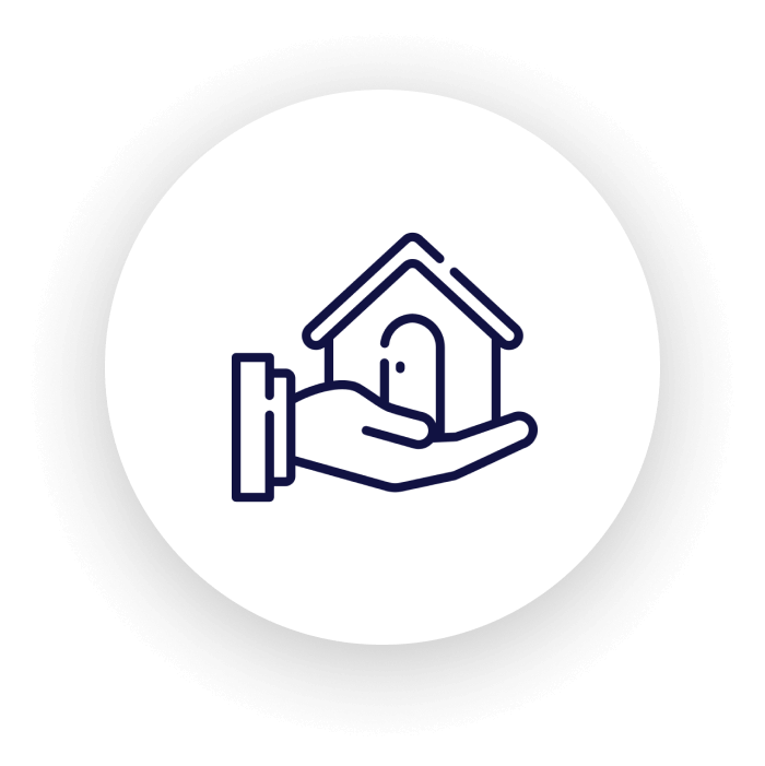 Hand holding a house icon, black background.