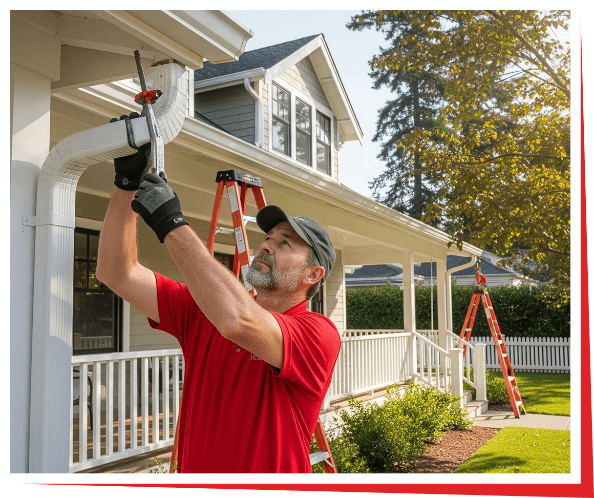 Man fixing gutter on house exterior.