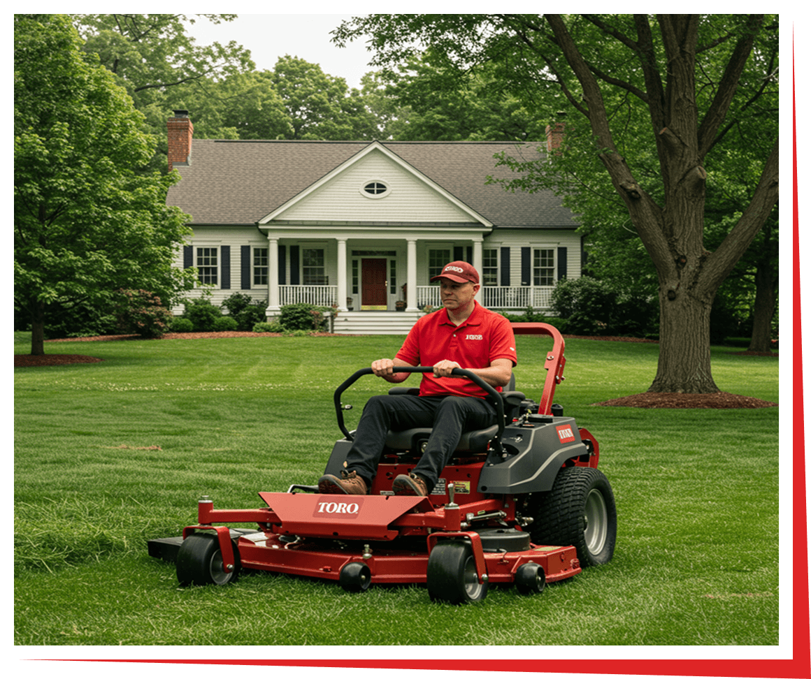 Person mowing lawn on riding mower.