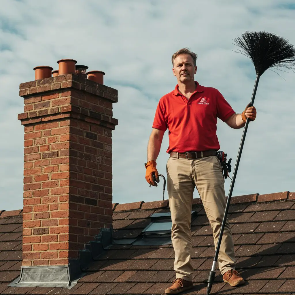 Chimney cleaning technician at work